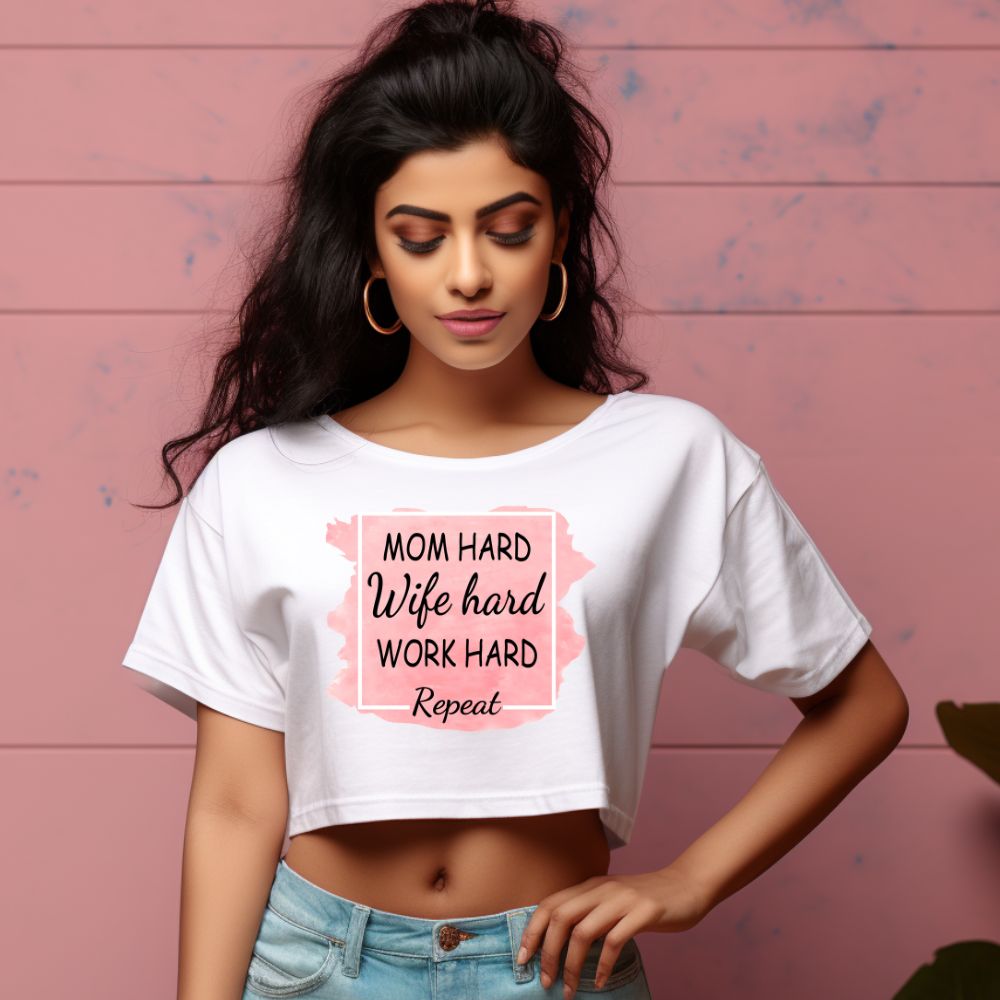 Women's Mom Hard Wife Hard Work Hard Graphics Printed Crop Tops Main image
