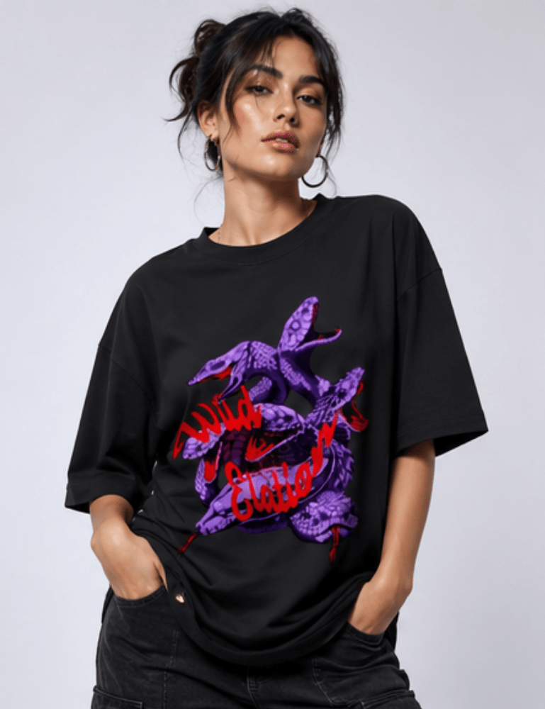 Women’s Premium Oversized T-Shirt – Wild Elation - Black#-Creativeya.com