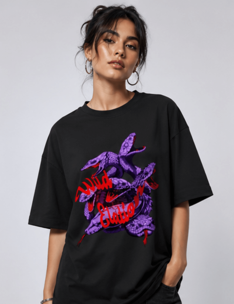 Women’s Premium Oversized T-Shirt – Wild Elation - Black#-Creativeya.com