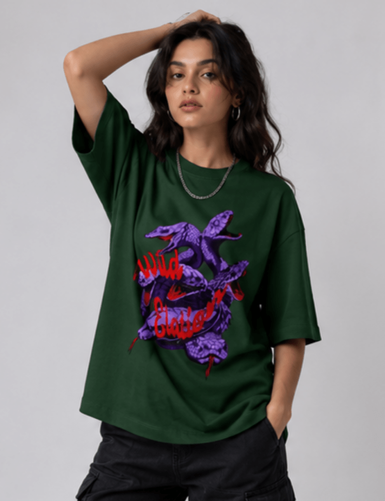 Women’s Premium Oversized T-Shirt – Wild Elation - Bottle Green#-Creativeya.com