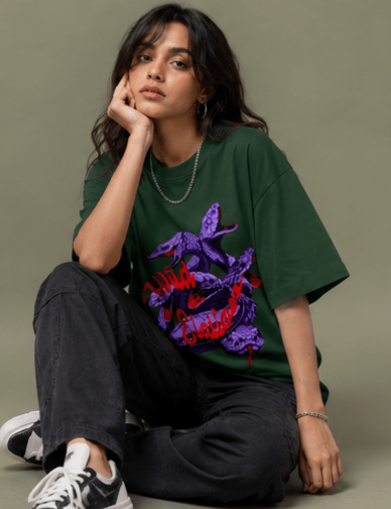 Women’s Premium Oversized T-Shirt – Wild Elation - Bottle Green#-Creativeya.com