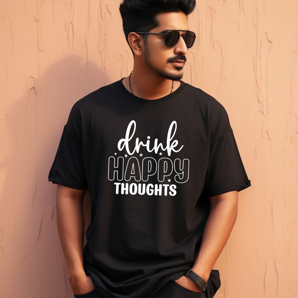 Men's Drink Happy Thoughts Design Printed Oversized T-Shirt Main image