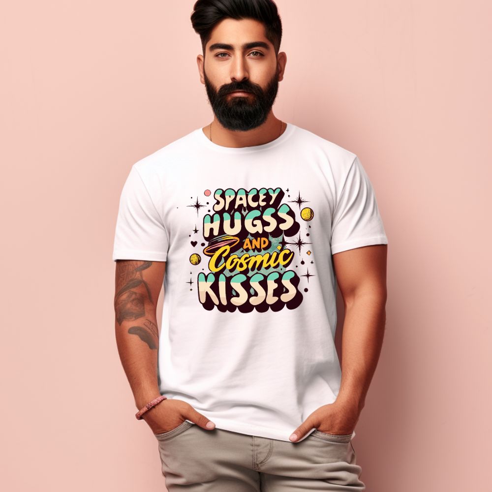 Men's Spacy Hugs and Cosmic Kisses Design Printed T-Shirt