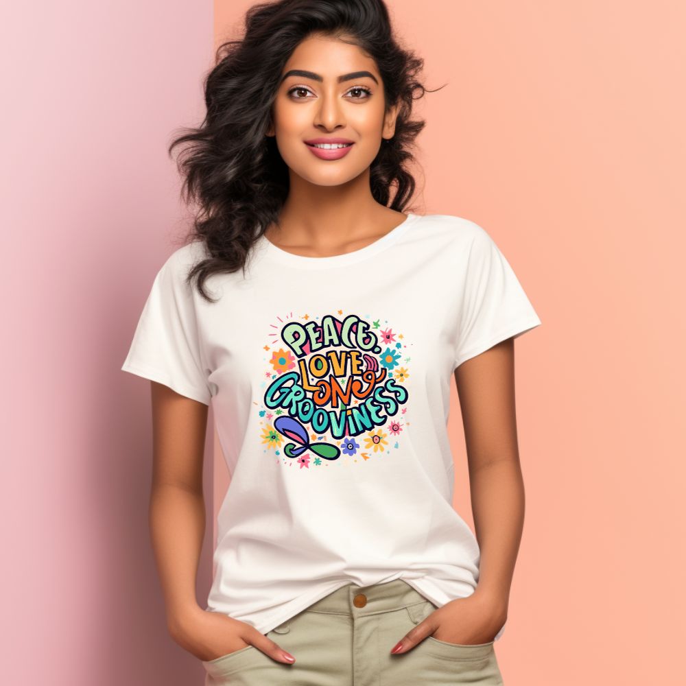 Women's Peace Love Once Grooviness Graphics Printed T-Shirt Main image