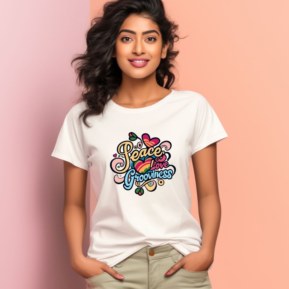 Women's Peace Love Grooviness Graphics Printed T-Shirt
