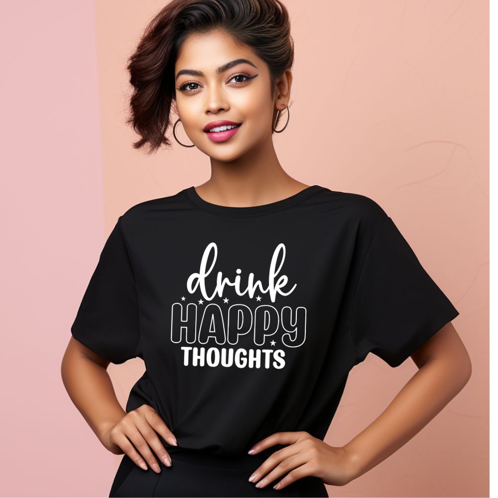 Women's Drink Happy Thoughts Graphics Printed Oversized T-Shirt