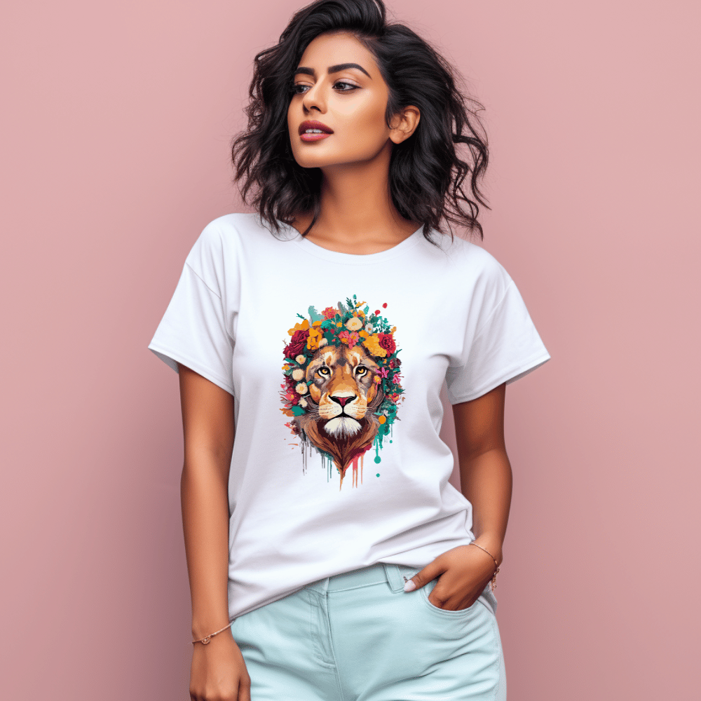Women's Floral Lion Graphics Printed T-Shirt