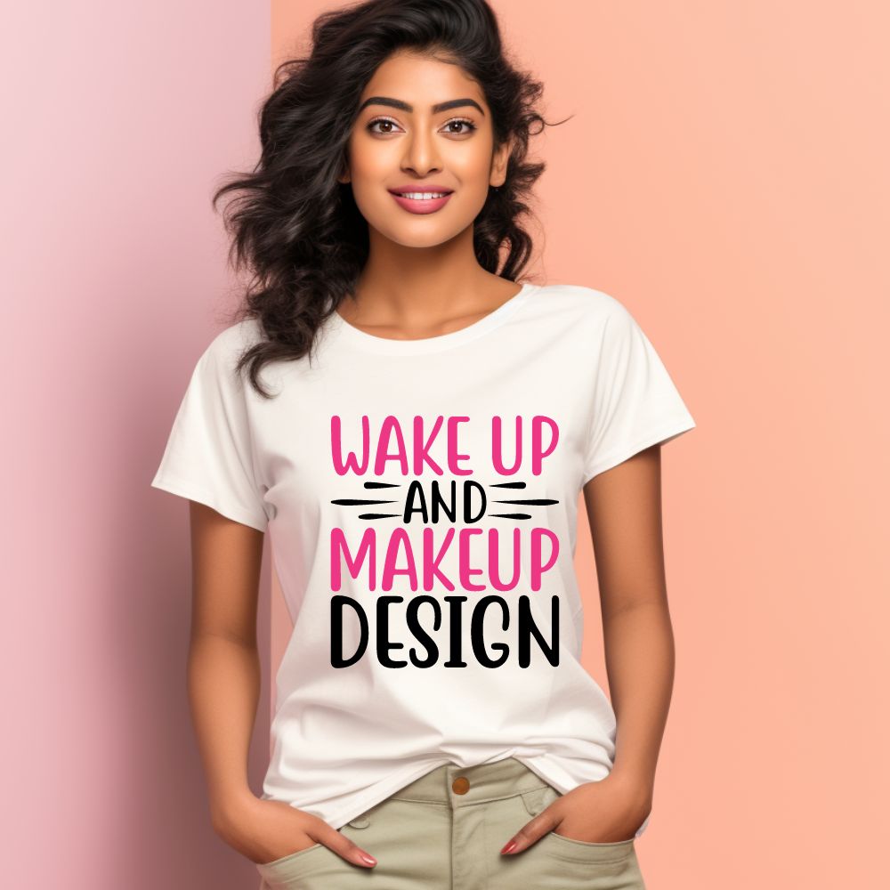 Women's Wake Up And Make Up Design Printed T-Shirt