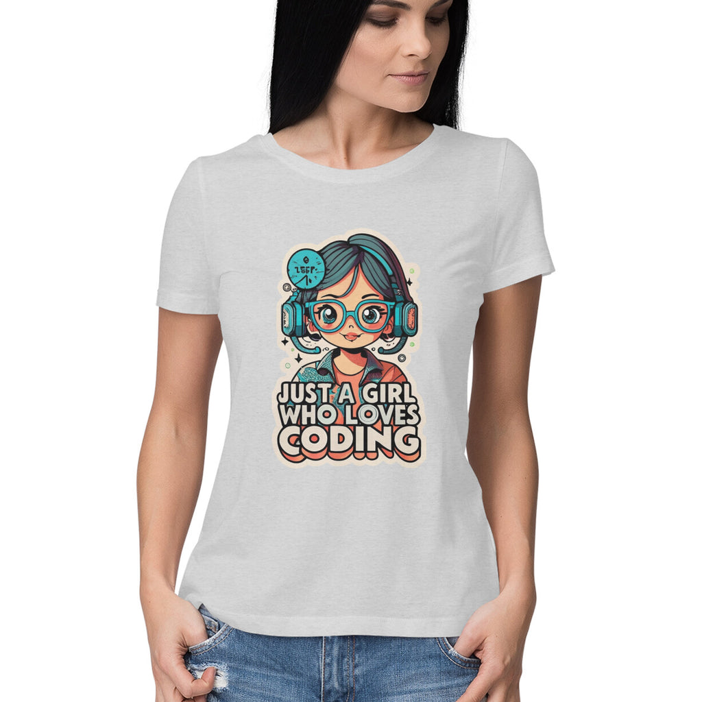 Women's Just a Girl who Loves Coding Quote Printed T-Shirt