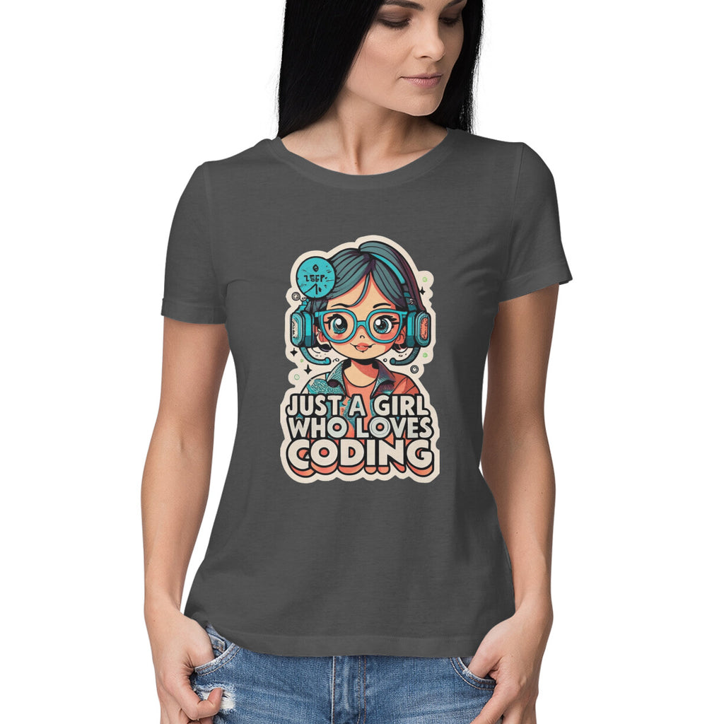 Women's Just a Girl who Loves Coding Quote Printed T-Shirt