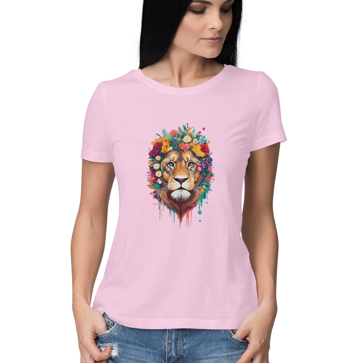 Women's Floral Lion Graphics Printed T-Shirt