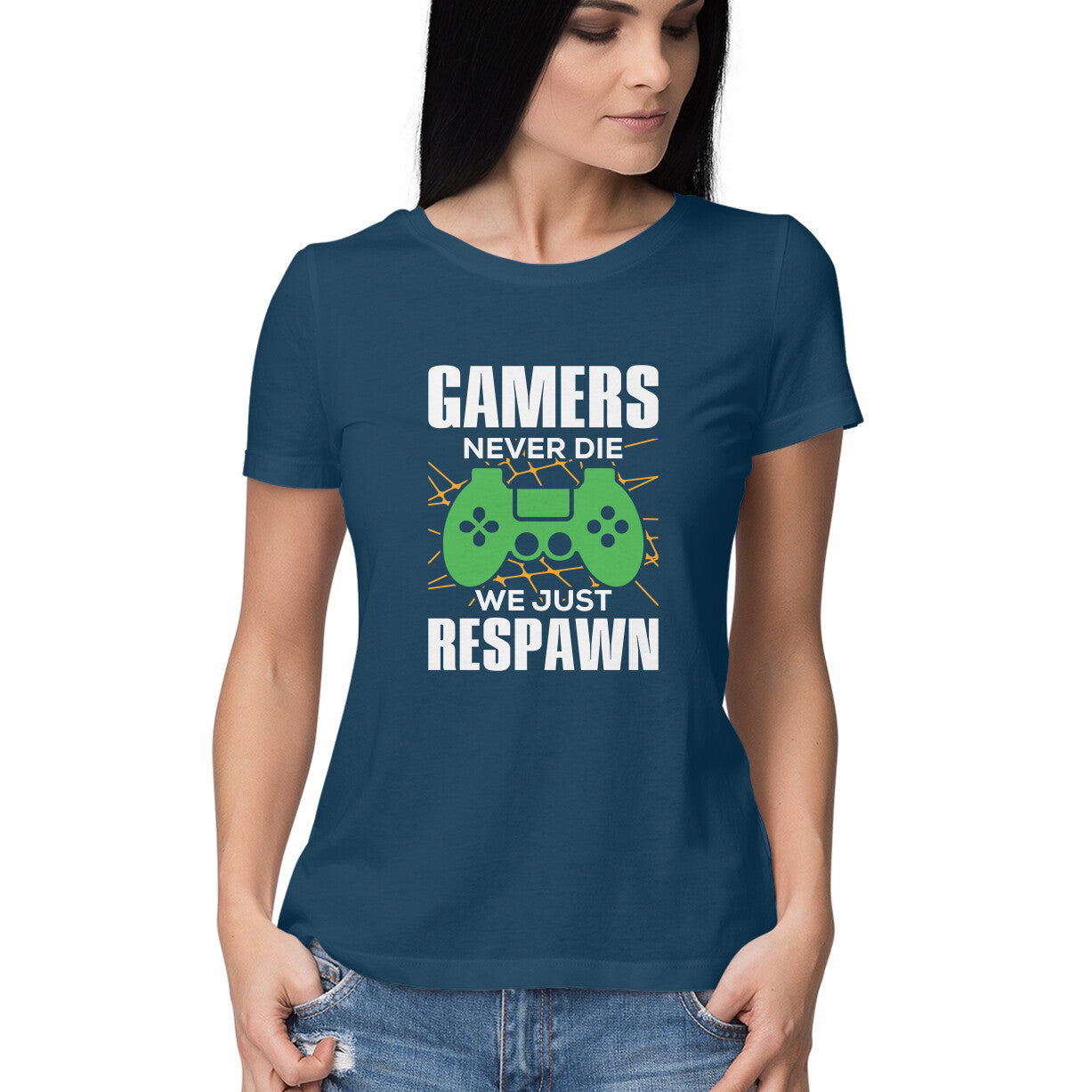 Women's Gamers Never Die We Just Respawn Graphics Printed T-Shirt
