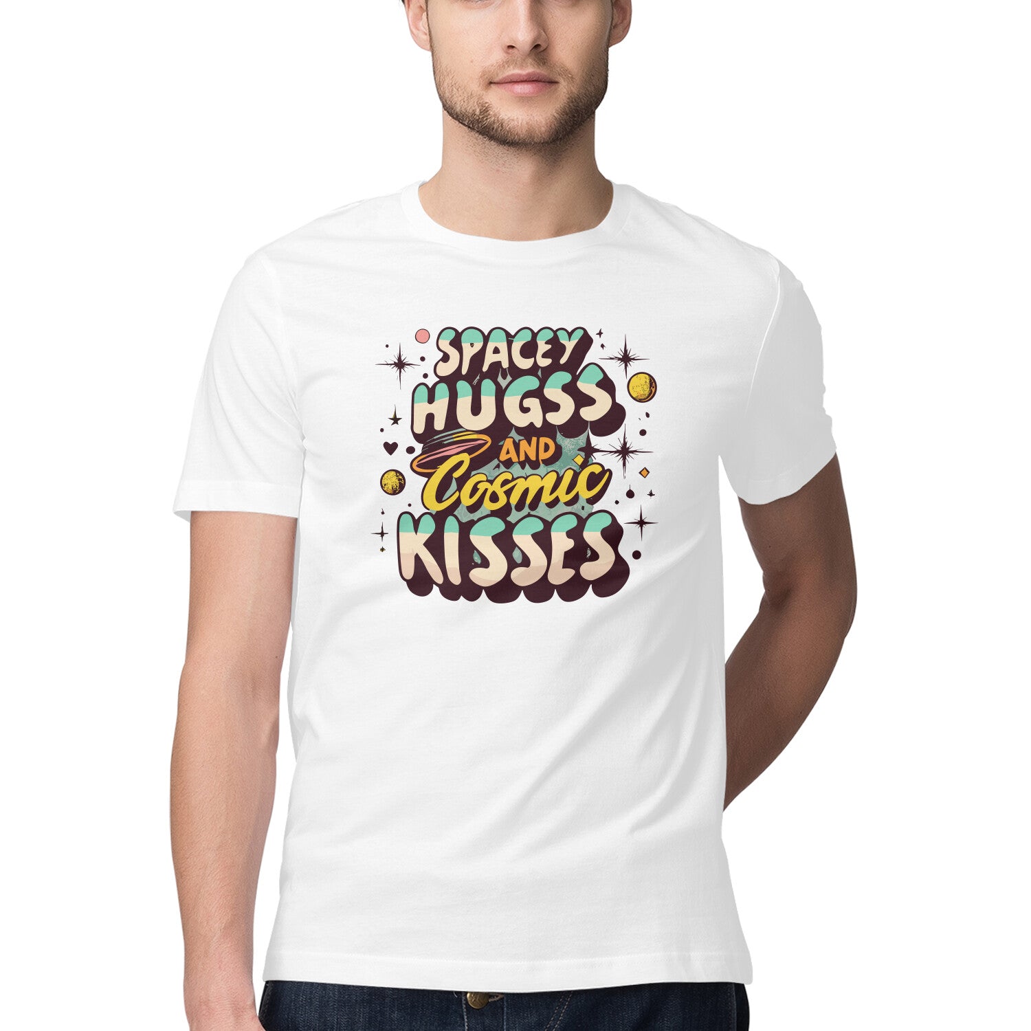 Men's Spacy Hugs and Cosmic Kisses Design Printed T-Shirt