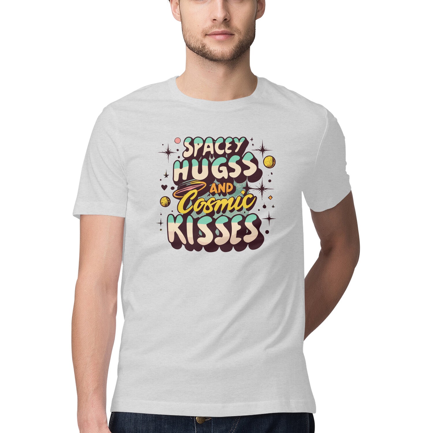 Men's Spacy Hugs and Cosmic Kisses Design Printed T-Shirt