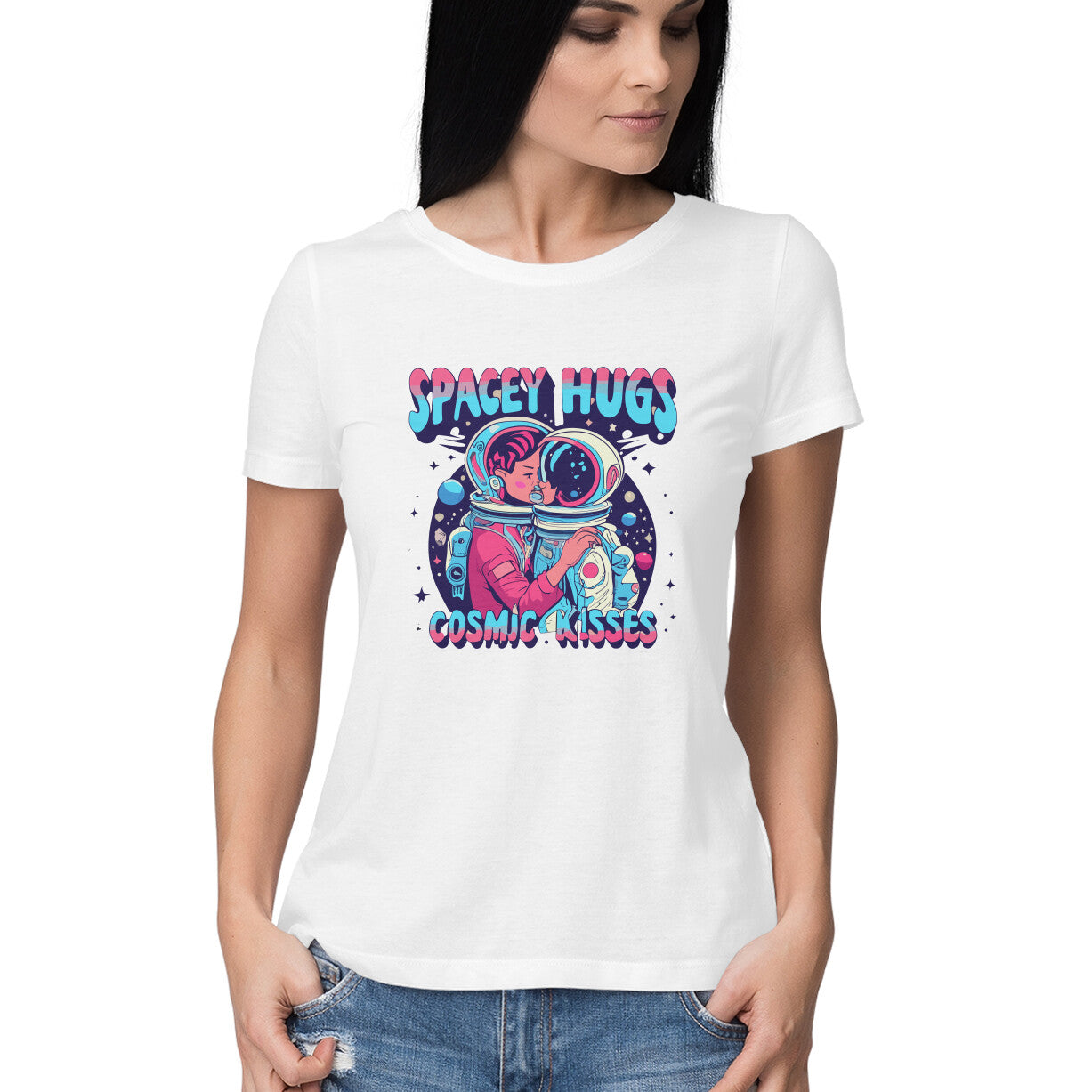 Women's Spacey Hugs and Cosmic Kisses Graphics Printed T-Shirt