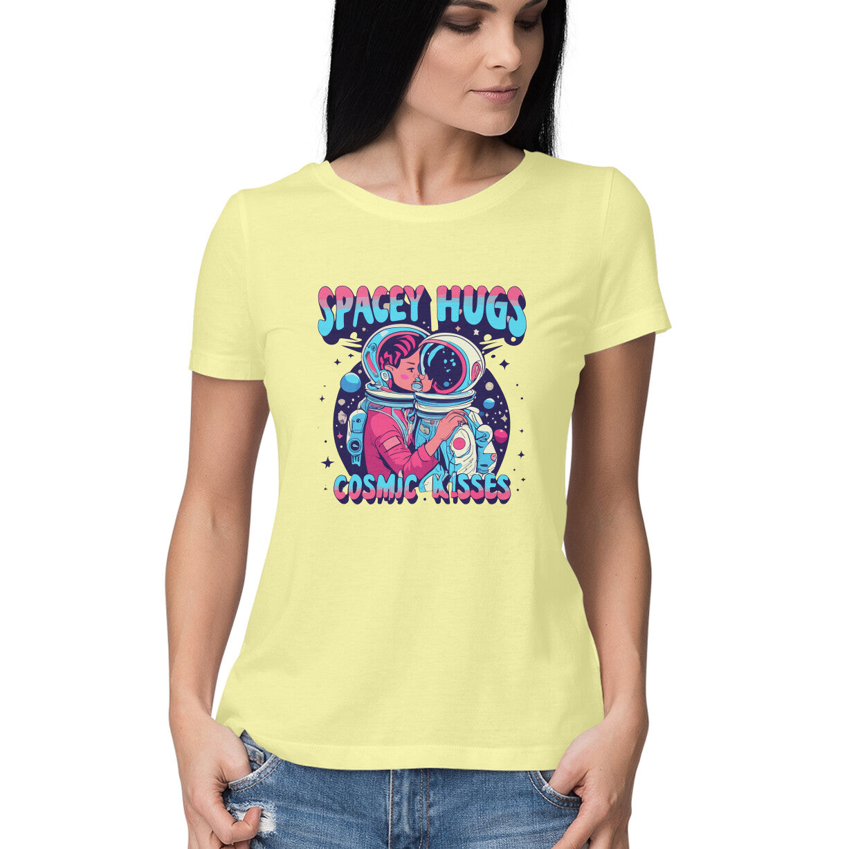 Women's Spacey Hugs and Cosmic Kisses Graphics Printed T-Shirt