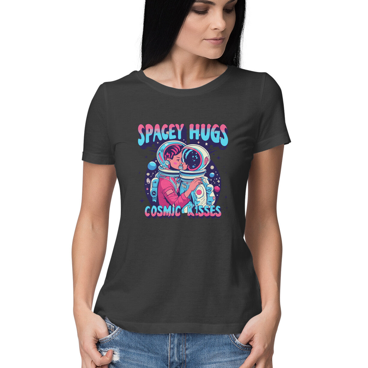 Women's Spacey Hugs and Cosmic Kisses Graphics Printed T-Shirt