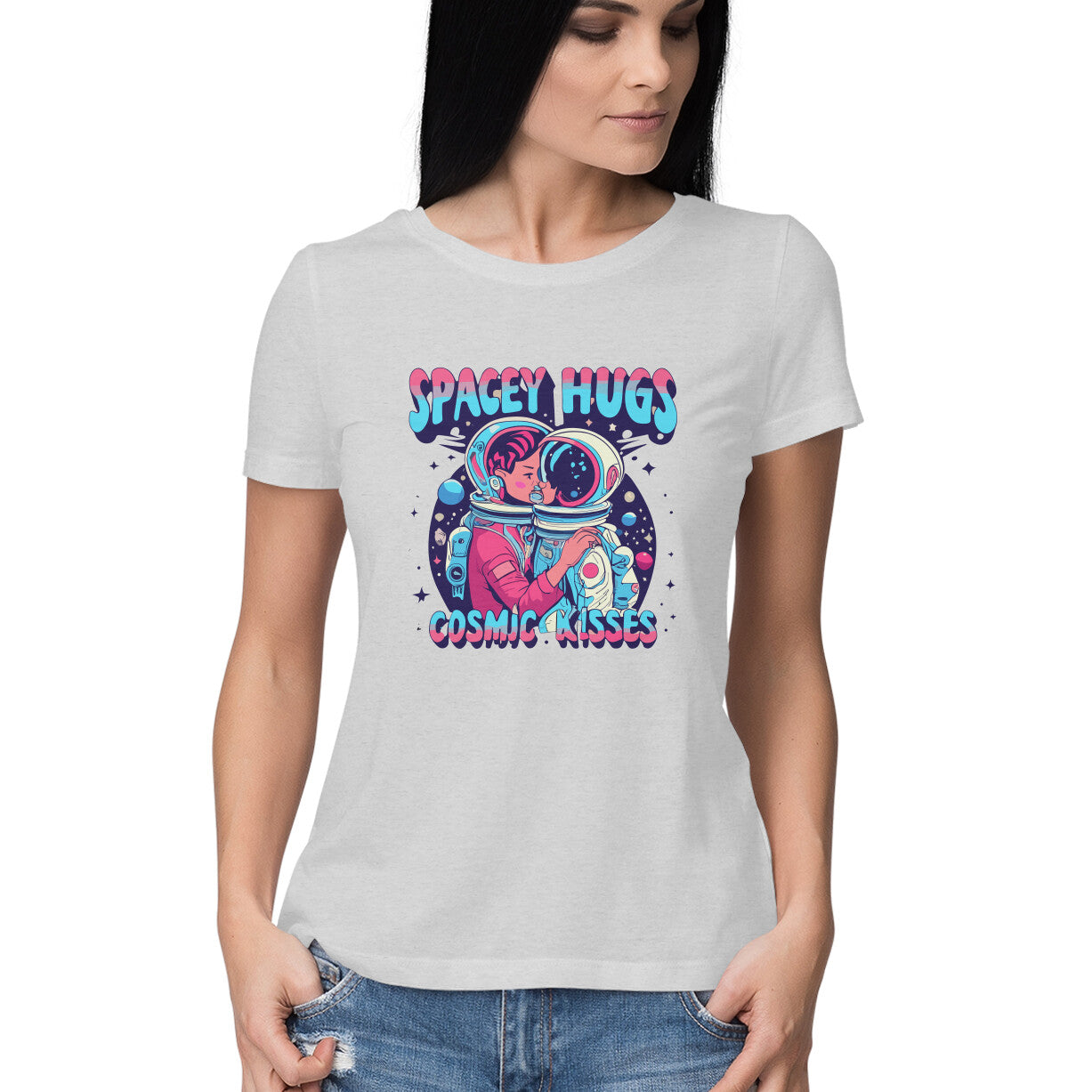 Women's Spacey Hugs and Cosmic Kisses Graphics Printed T-Shirt