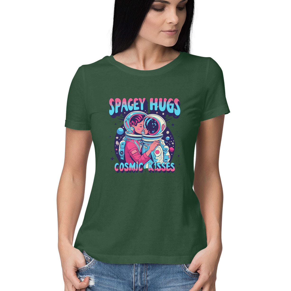 Women's Spacey Hugs and Cosmic Kisses Graphics Printed T-Shirt