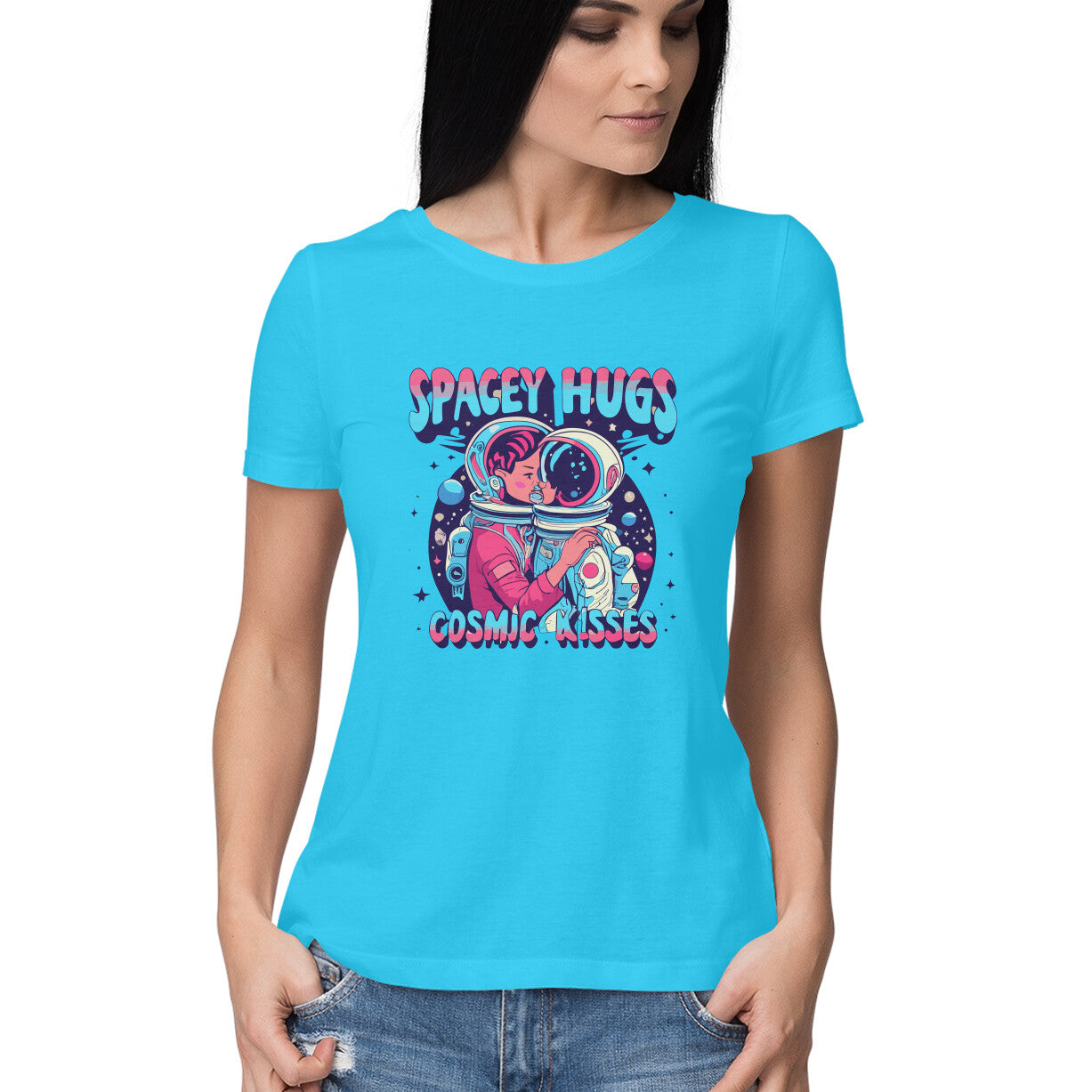 Women's Spacey Hugs and Cosmic Kisses Graphics Printed T-Shirt