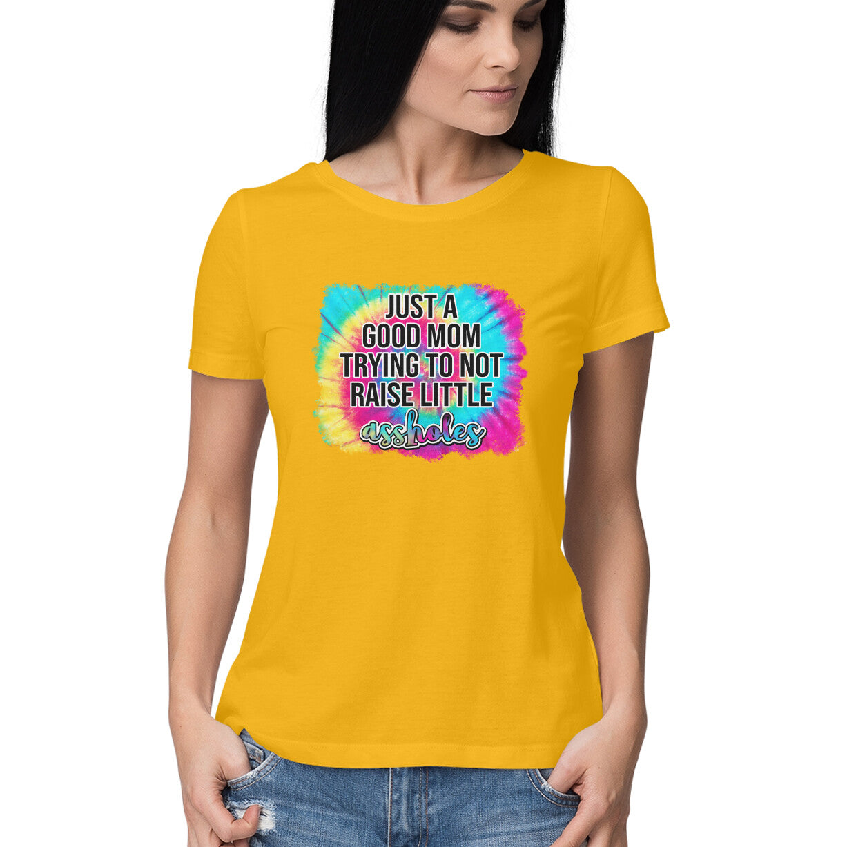 Women's Just A good Mom Trying To Not Raise Little Assholes Graphics Printed T-Shirt Secondary image