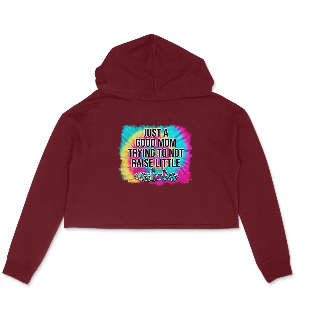 Women's Just A good Mom Trying To Not Raise Little Assholes Graphics Printed Crop Hoodies