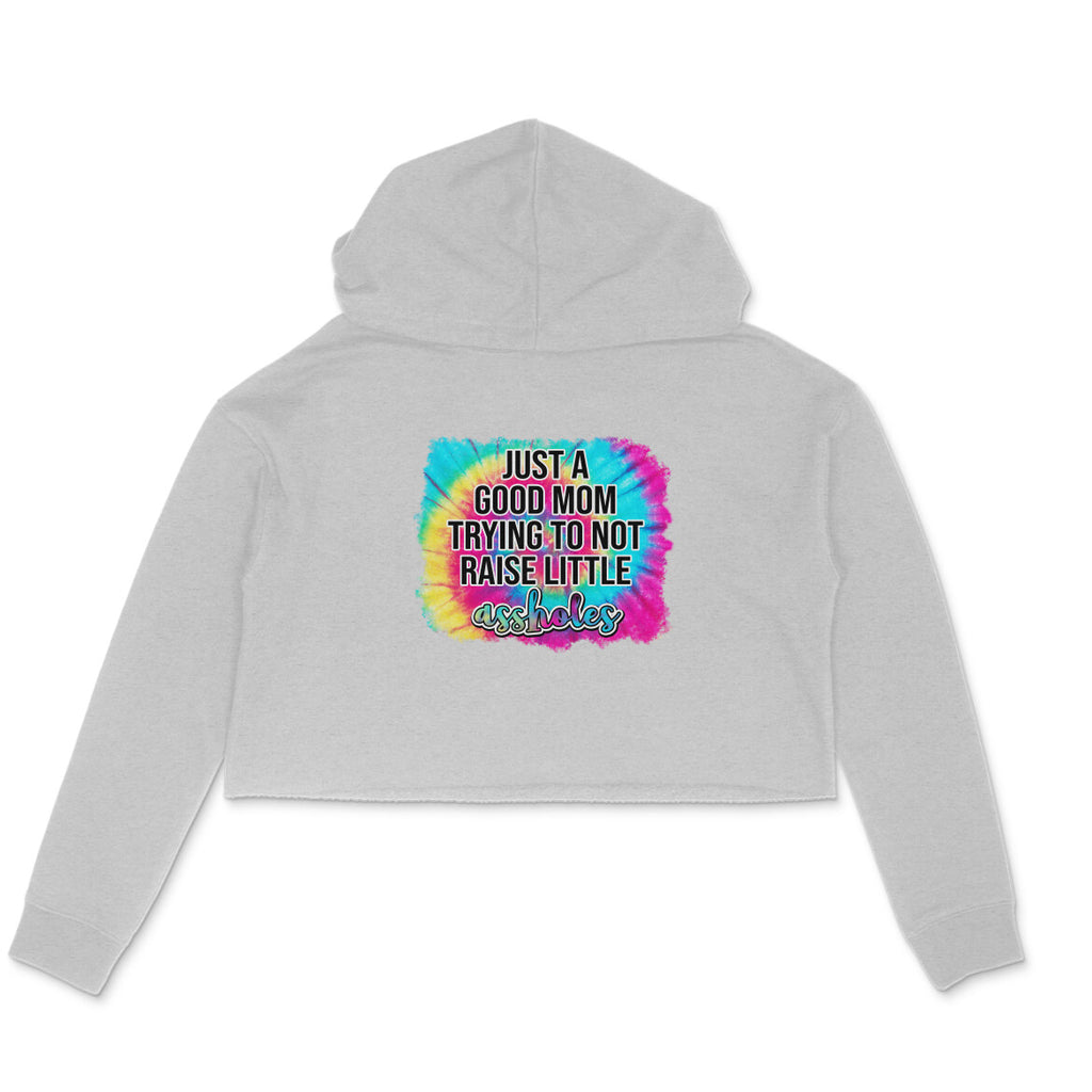 Women's Just A good Mom Trying To Not Raise Little Assholes Graphics Printed Crop Hoodies