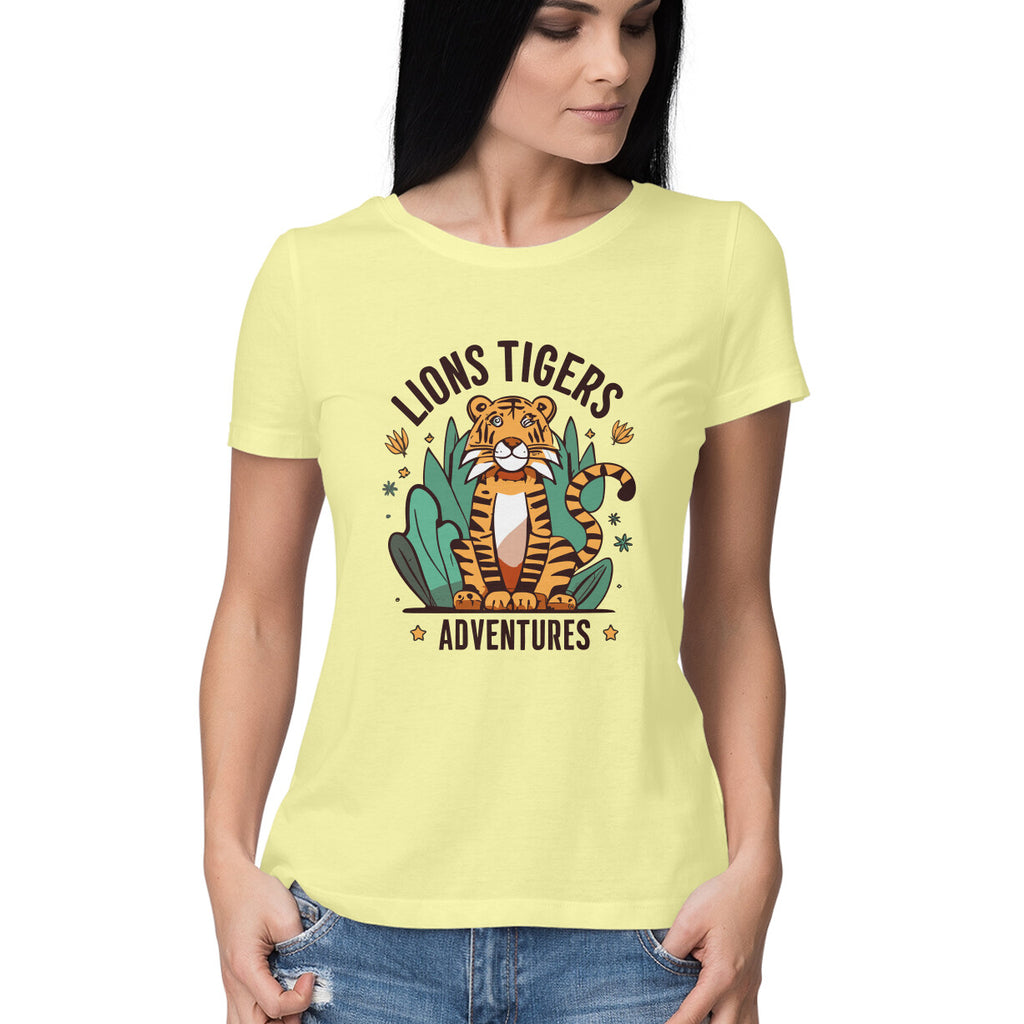 Women's Lions Tigers Adventures Graphics Printed T-Shirt