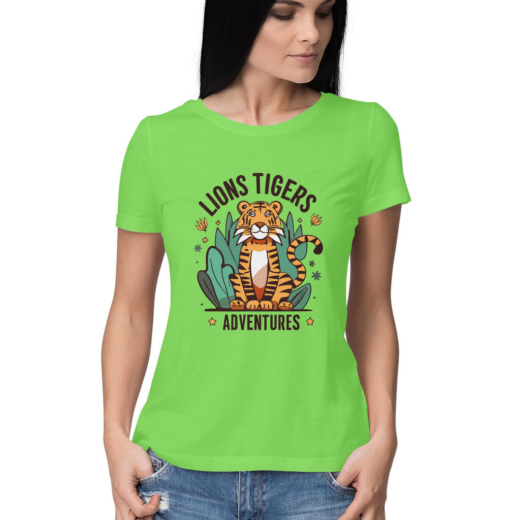 Women's Lions Tigers Adventures Graphics Printed T-Shirt