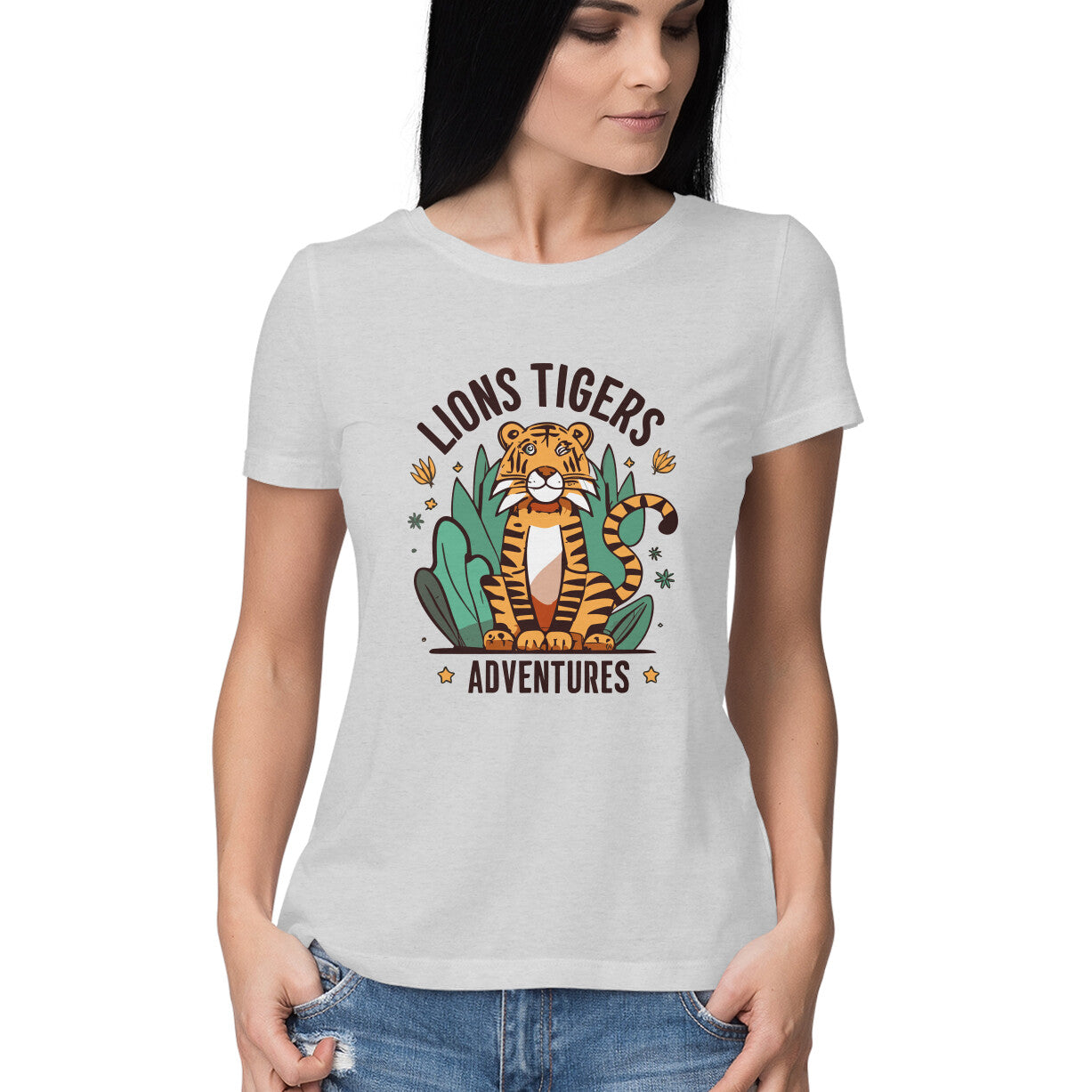 Women's Lions Tigers Adventures Graphics Printed T-Shirt
