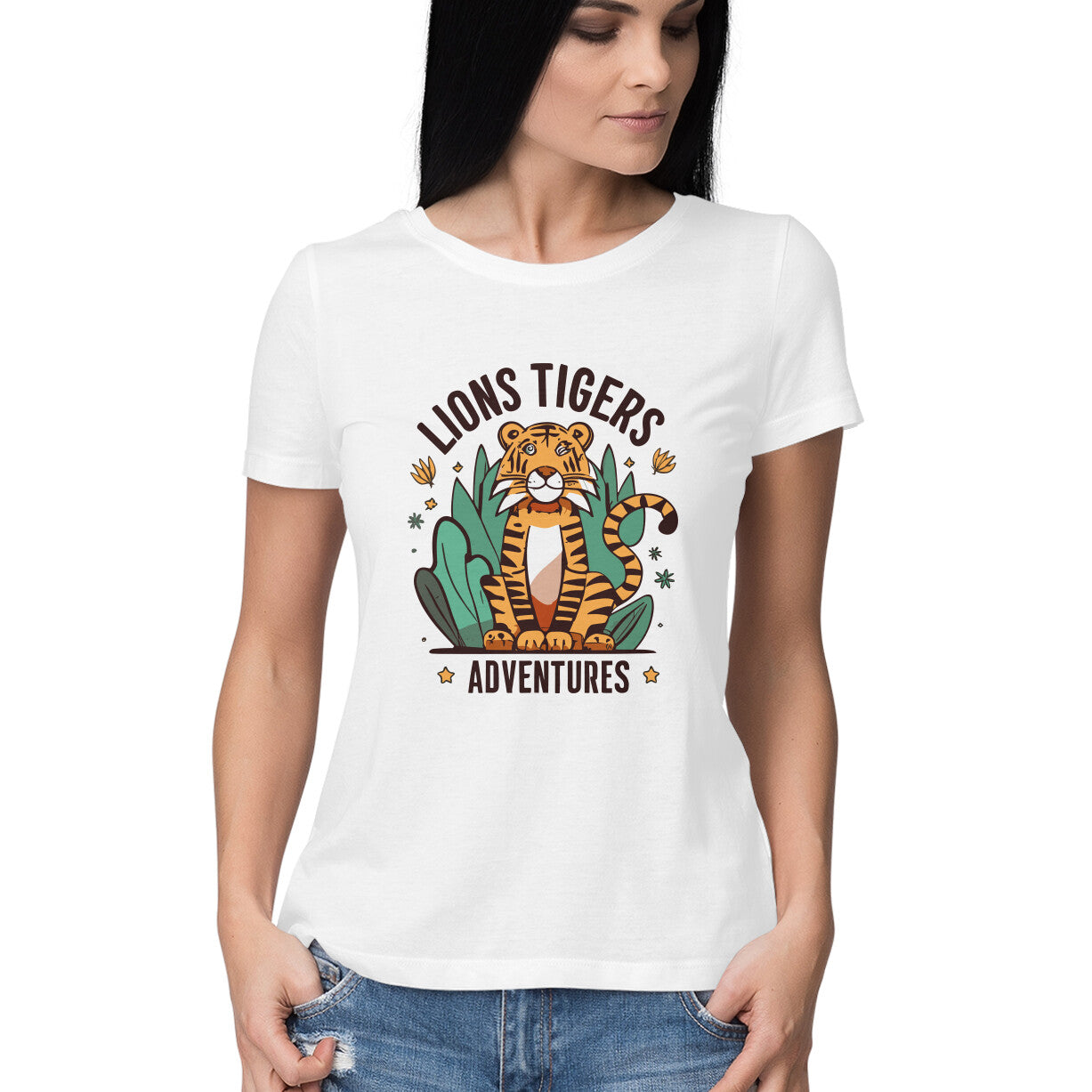Women's Lions Tigers Adventures Graphics Printed T-Shirt