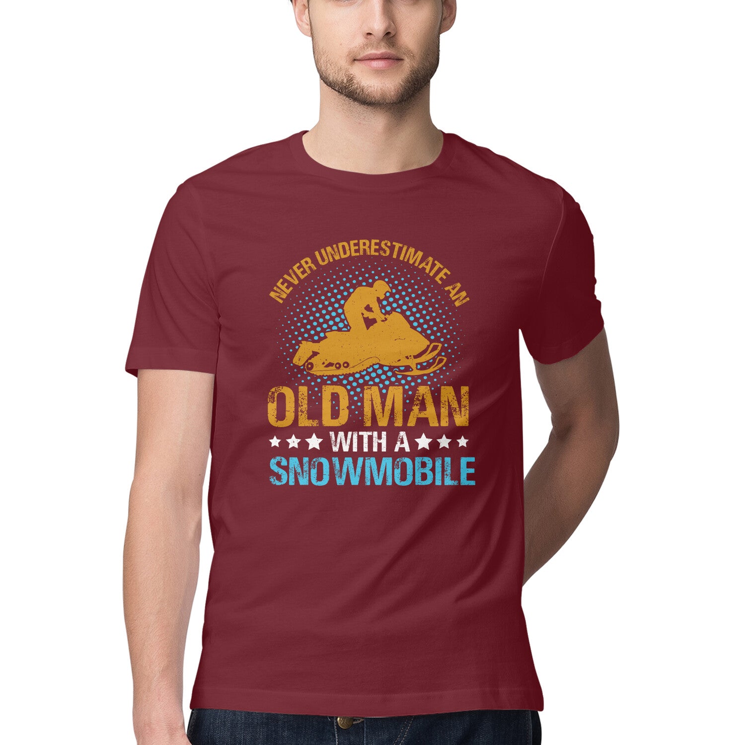 Men's Never Underestimate an Old Man with a Snowmobile Design Printed T-Shirt