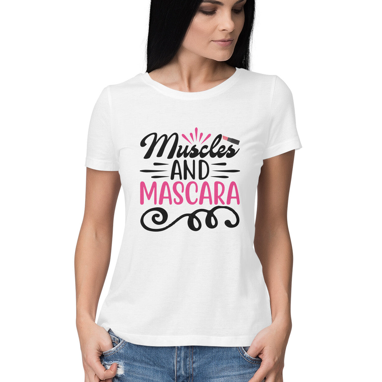 Women's Muscles and Mascara Design Printed T-Shirt