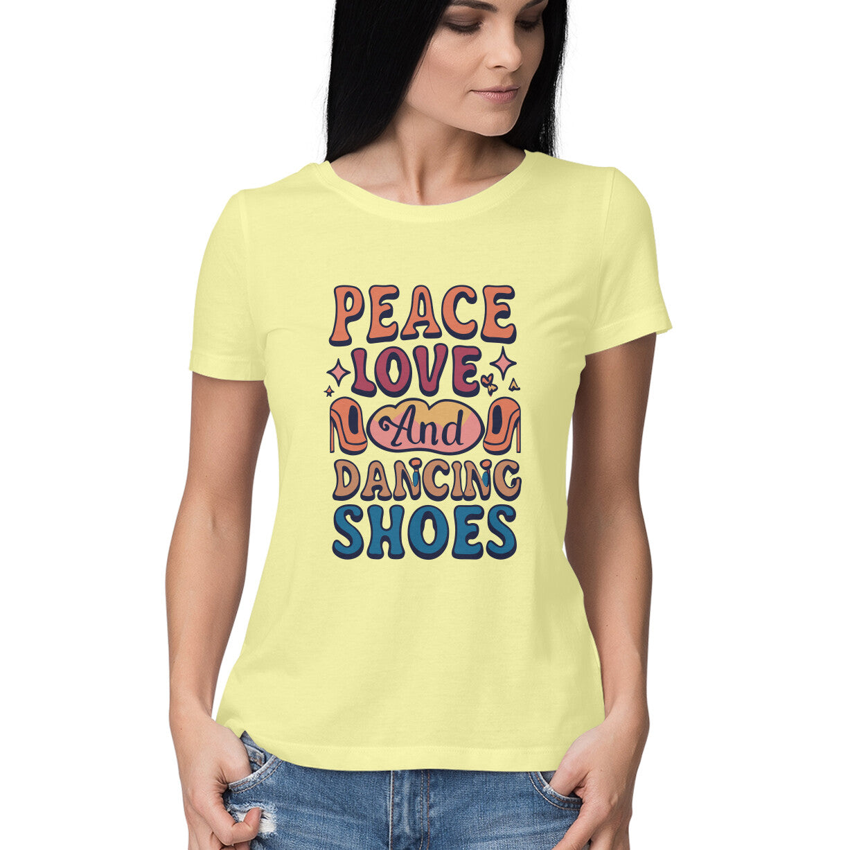 Women's Peace Love And Dancing Shoes Graphics Printed T-Shirt