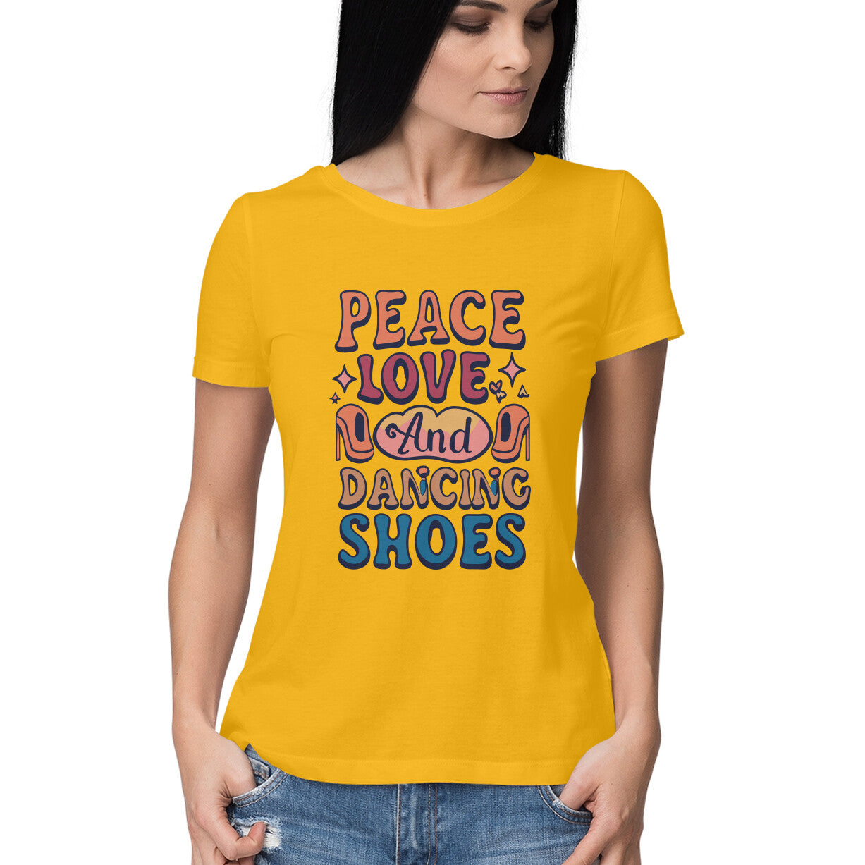 Women's Peace Love And Dancing Shoes Graphics Printed T-Shirt