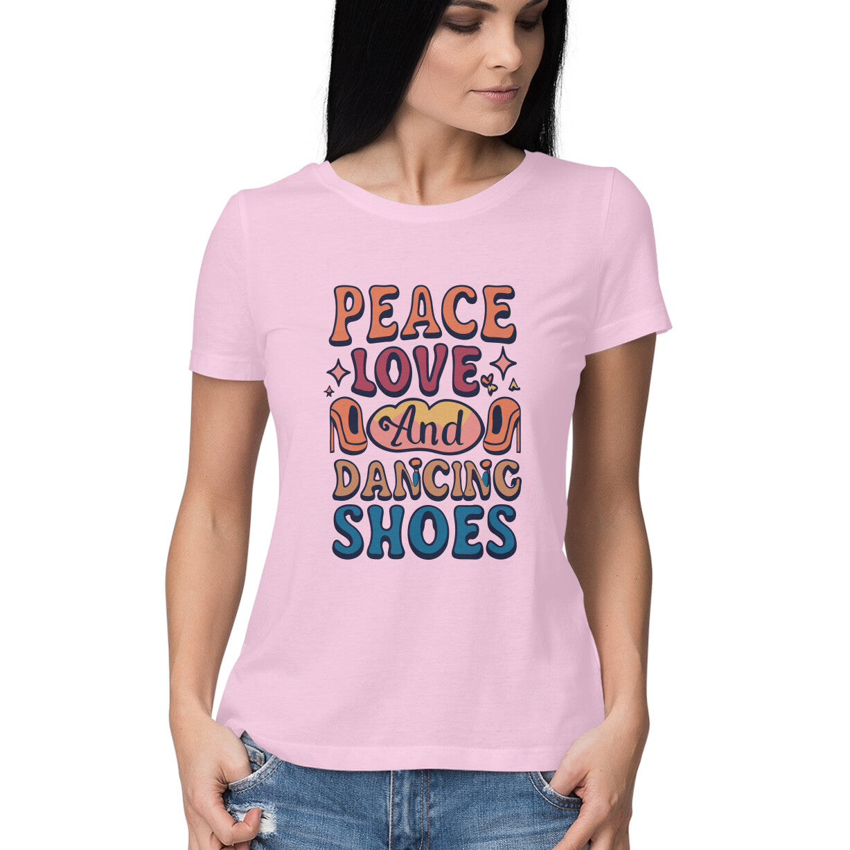 Women's Peace Love And Dancing Shoes Graphics Printed T-Shirt
