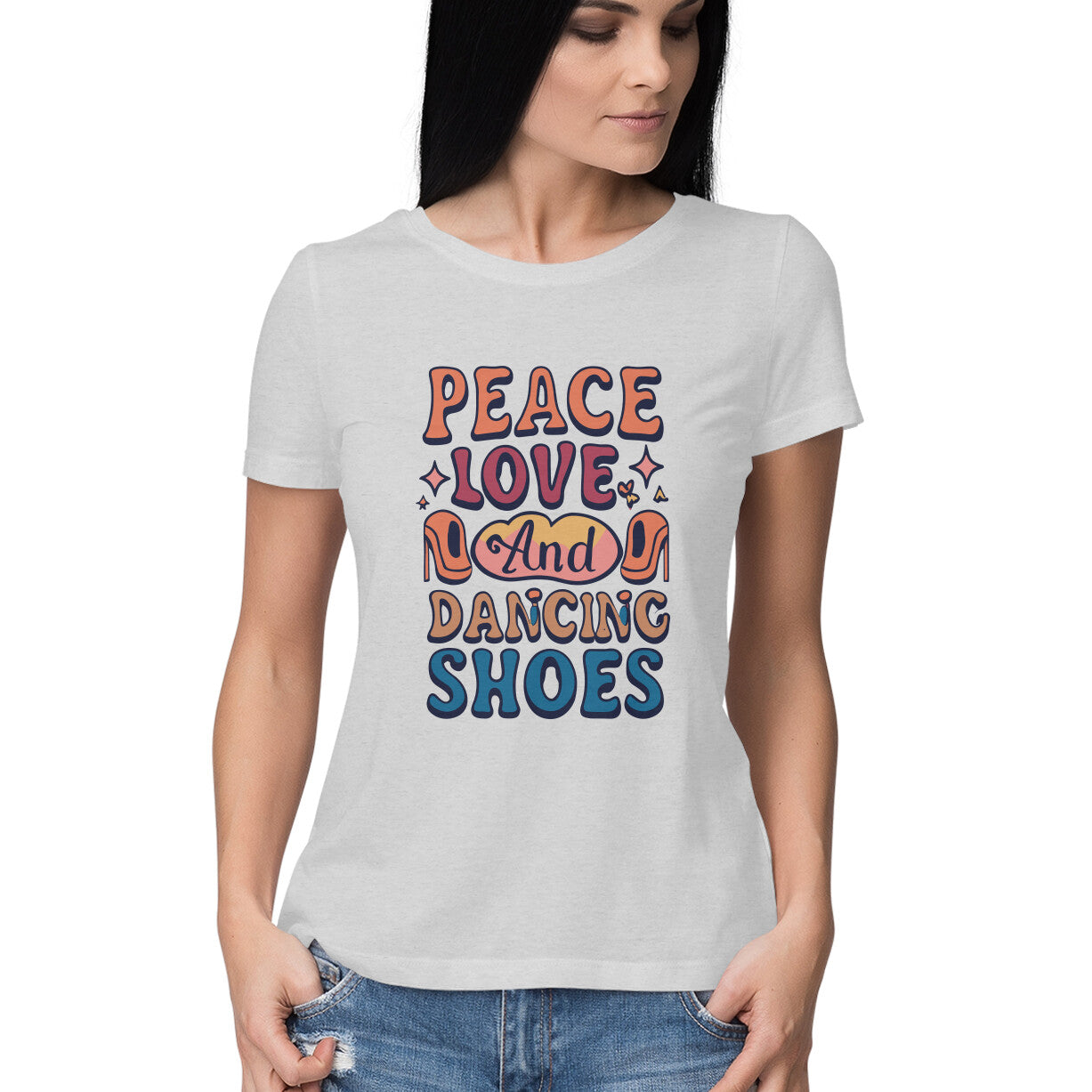 Women's Peace Love And Dancing Shoes Graphics Printed T-Shirt
