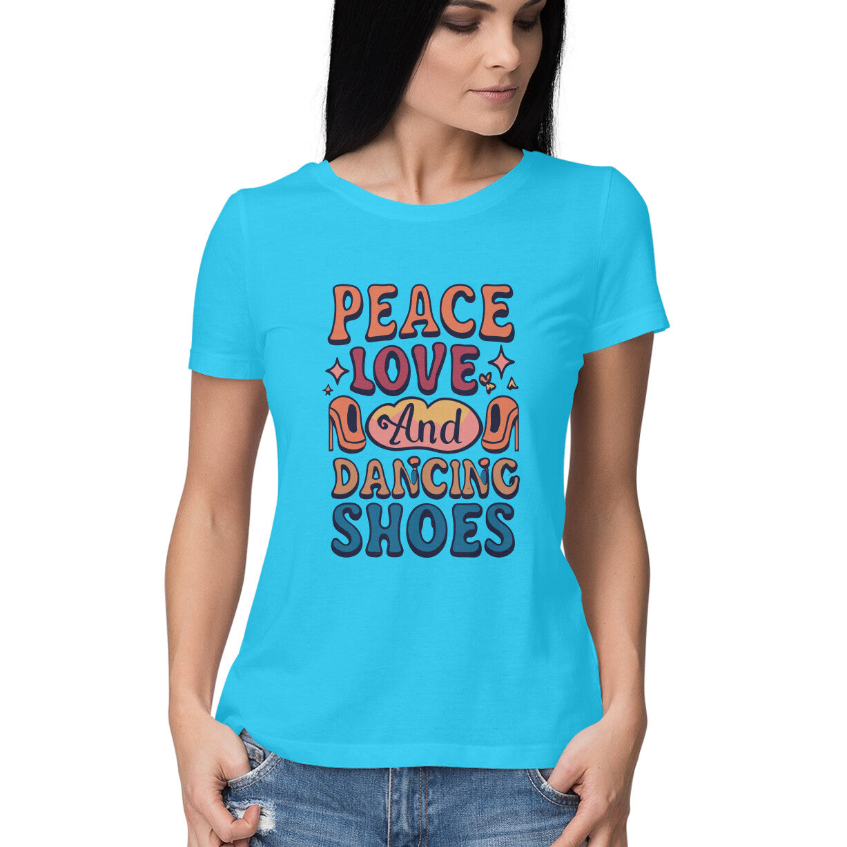 Women's Peace Love And Dancing Shoes Graphics Printed T-Shirt