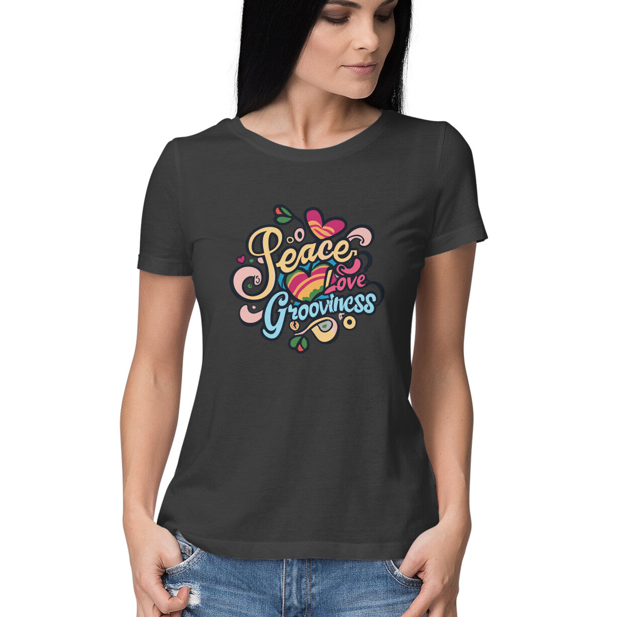 Women's Peace Love Grooviness Graphics Printed T-Shirt Secondary image