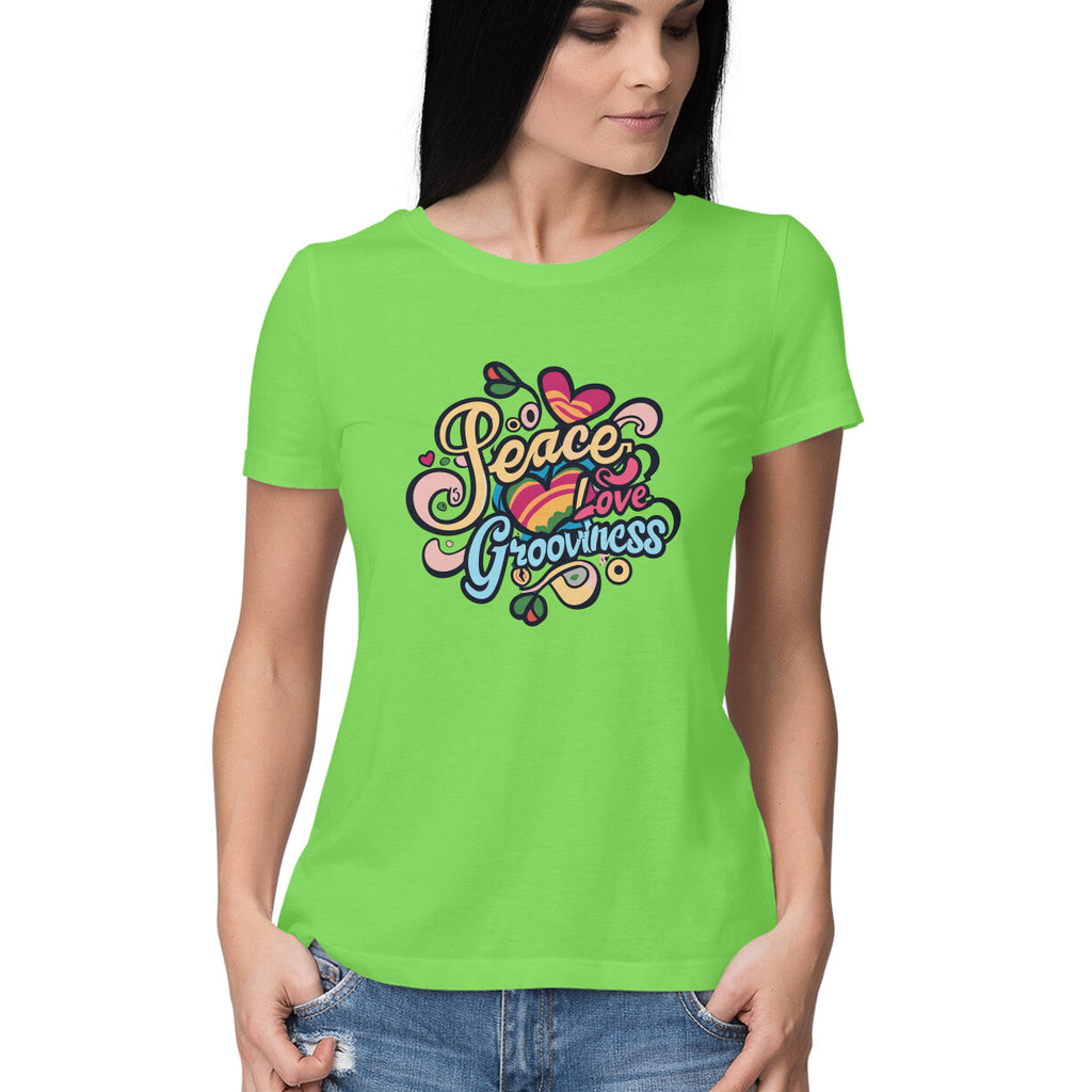 Women's Peace Love Grooviness Graphics Printed T-Shirt