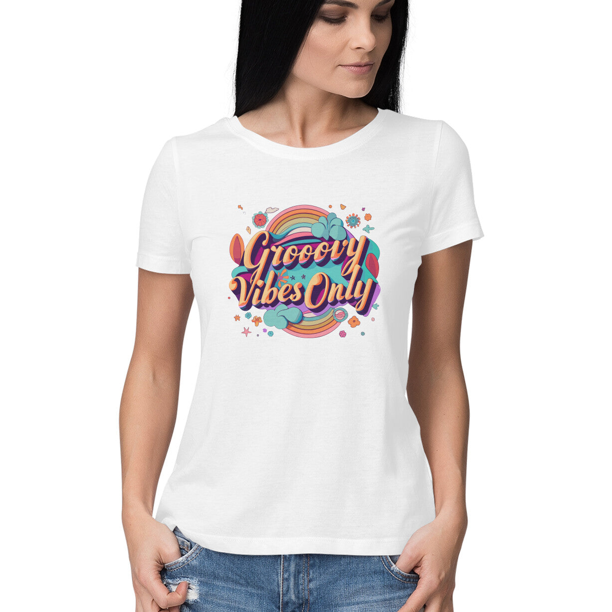 Women's Groovy Vibes Only Graphics Printed T-Shirt