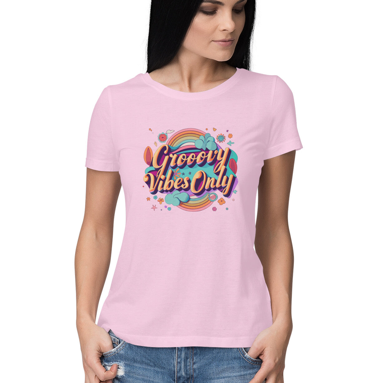 Women's Groovy Vibes Only Graphics Printed T-Shirt