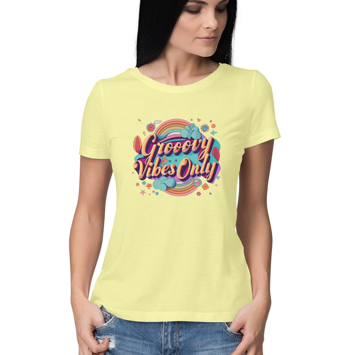 Women's Groovy Vibes Only Graphics Printed T-Shirt