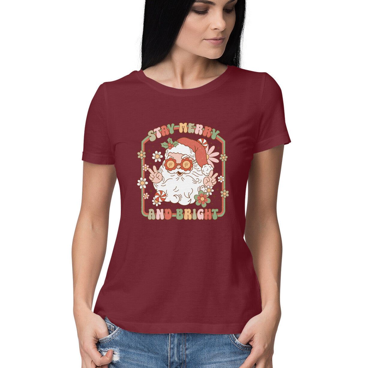 Women's Stay Merry And Bright Graphics Printed T-Shirt