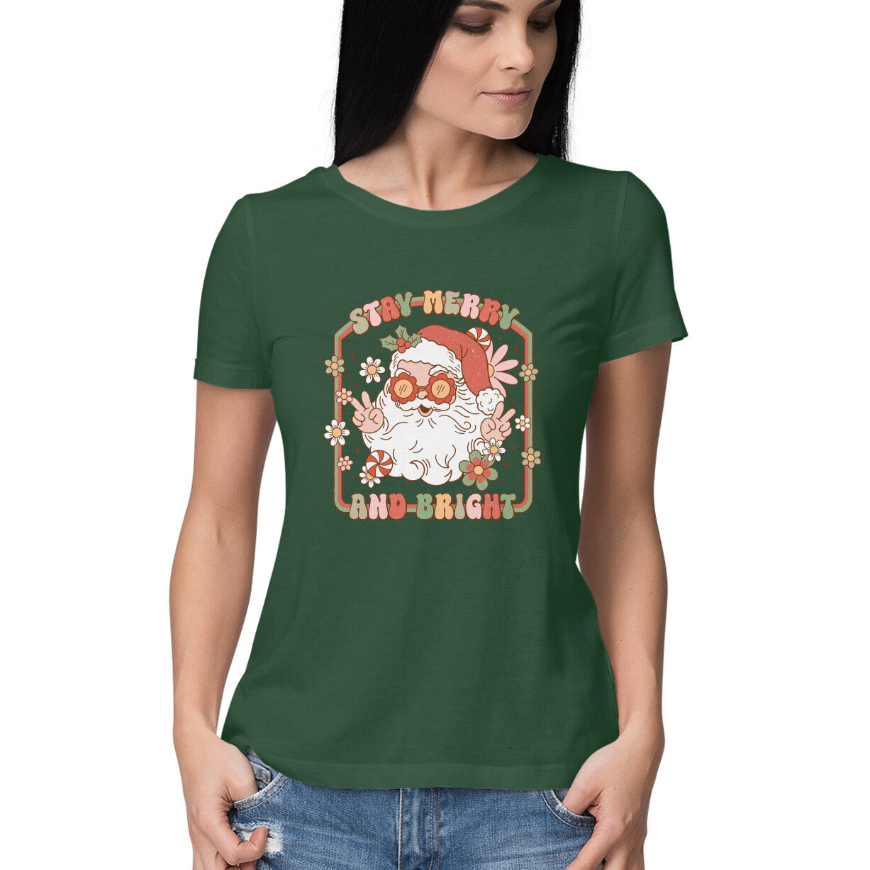 Women's Stay Merry And Bright Graphics Printed T-Shirt