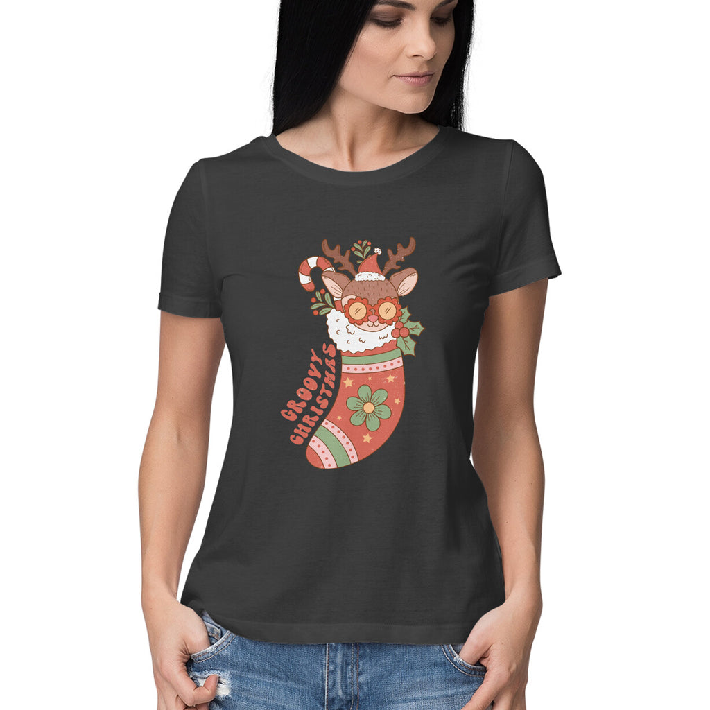 Women's Groovy Christmas Graphics Printed T-Shirt