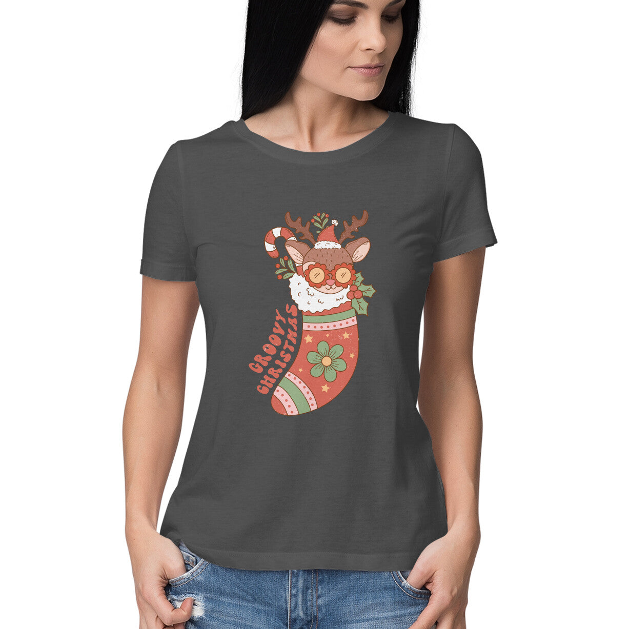 Women's Groovy Christmas Graphics Printed T-Shirt Secondary image