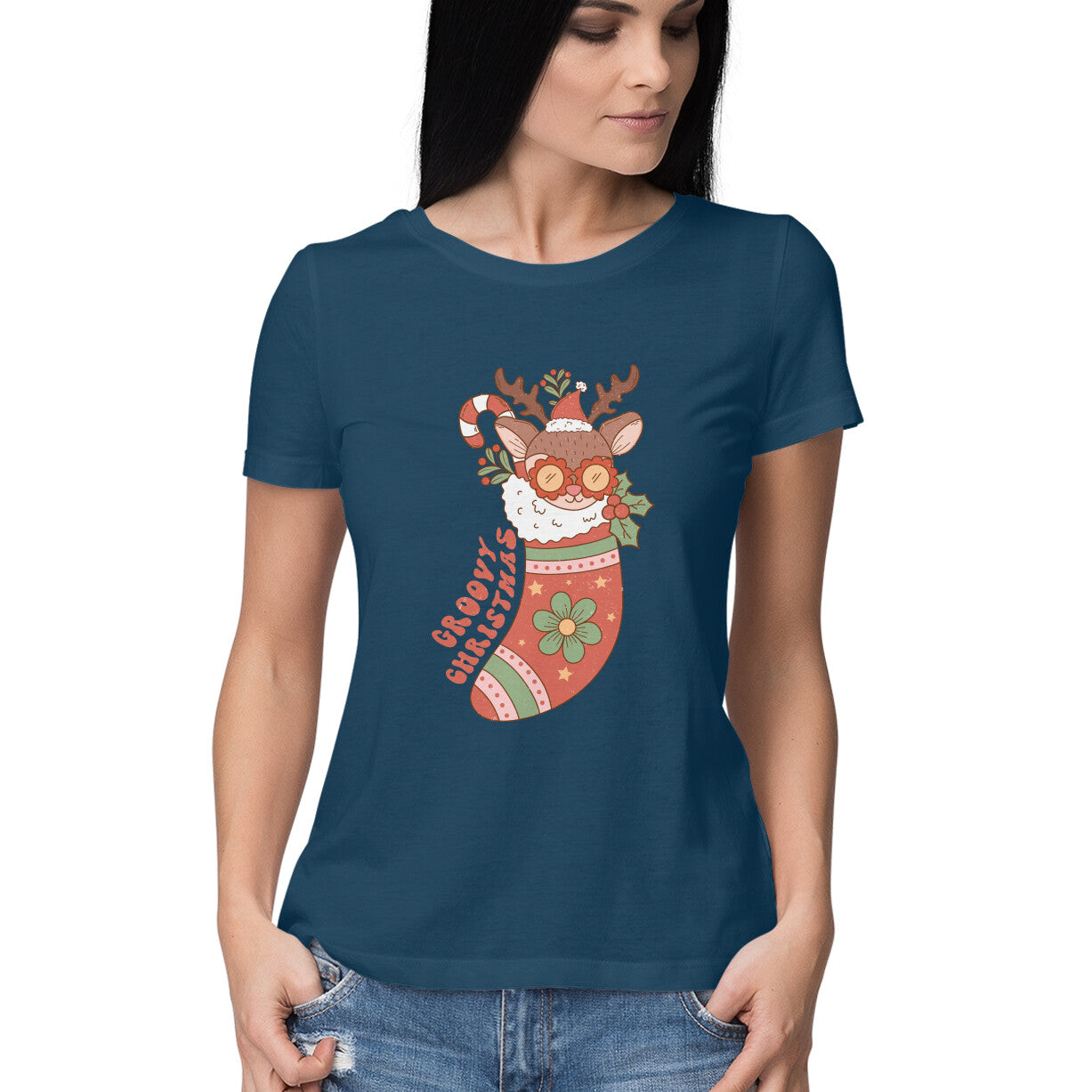 Women's Groovy Christmas Graphics Printed T-Shirt
