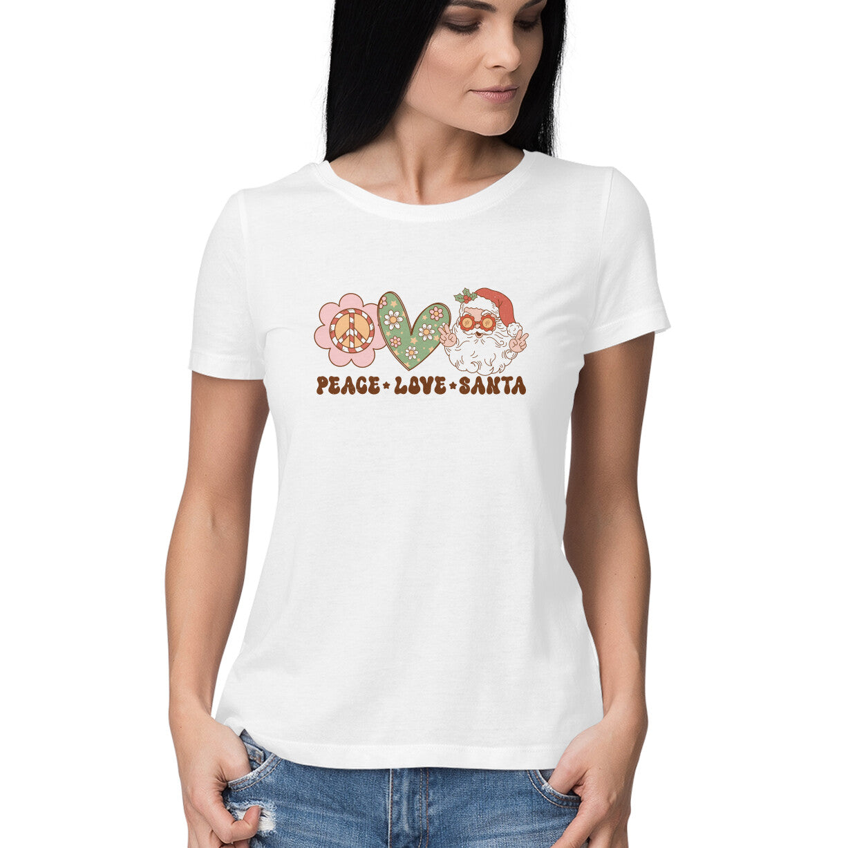 Women's Peace-Love-Santa Graphics Printed T-Shirt