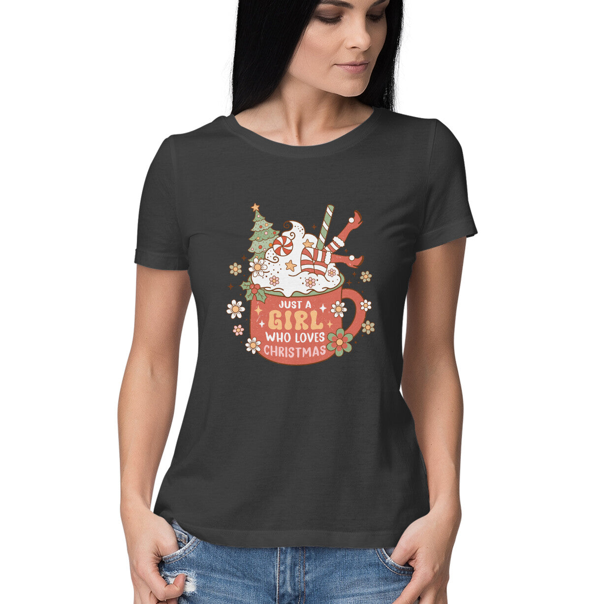 Women's Just A Girl Who loves Christmas Graphics Printed T-Shirt